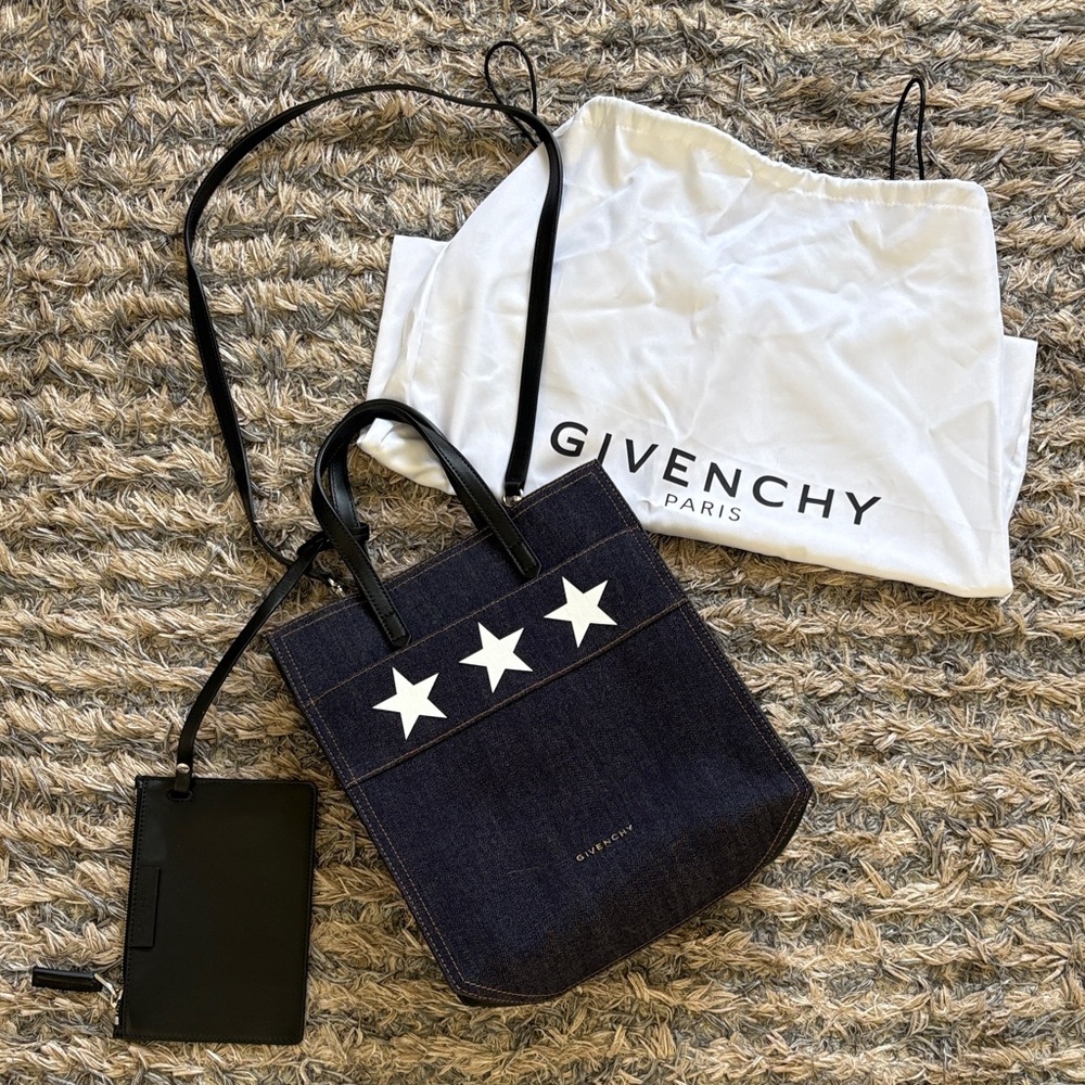 Givenchy Star Denim Leather Tote, Leather Handles, Removable Strap + Zip Pouch